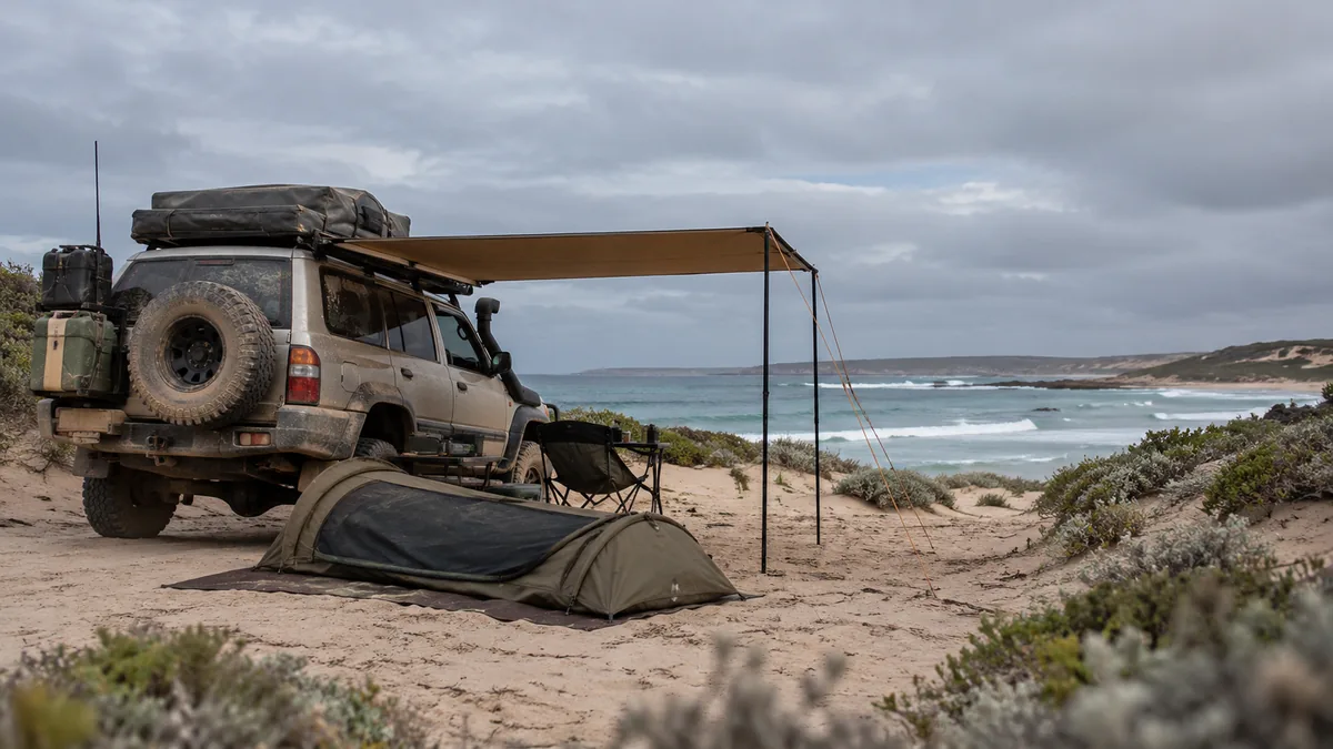 Beach campsite in bright summer sun