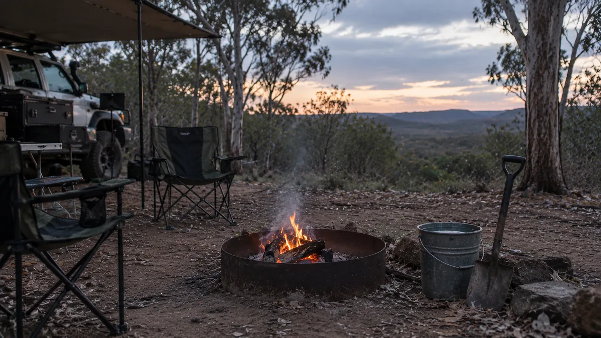 Small campfire in a steel fire ring with a water bucket and shovel beside it at a bush camp at dusk
