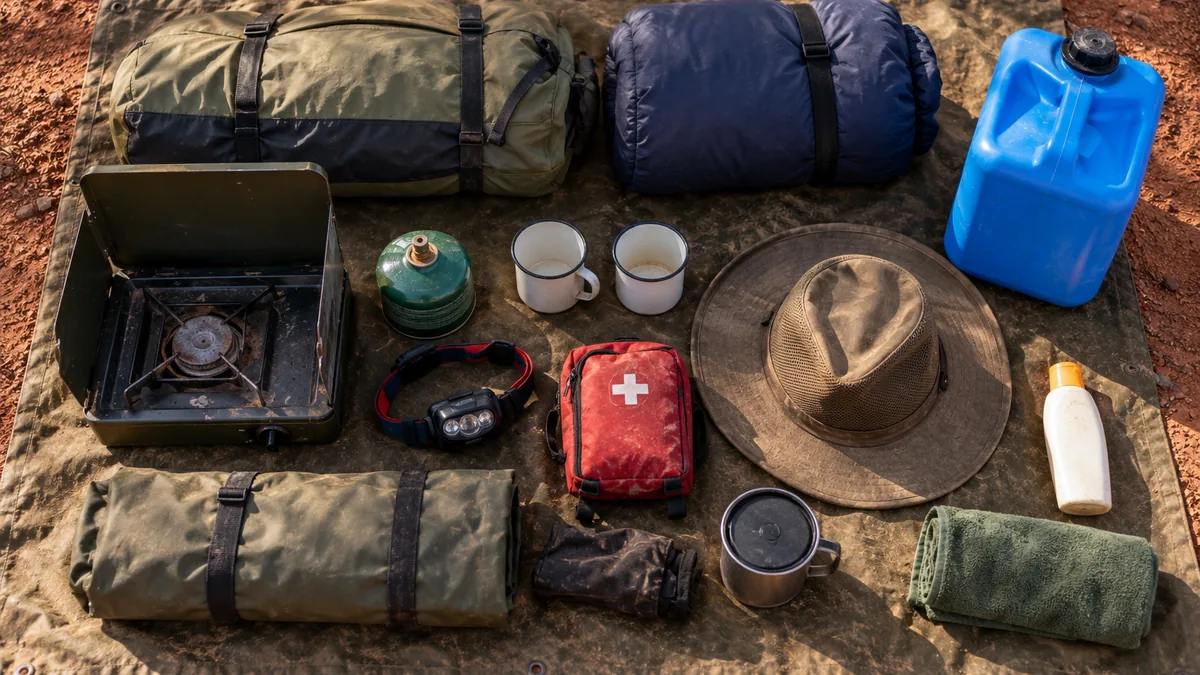 Camping gear laid out on a canvas tarp on red dirt