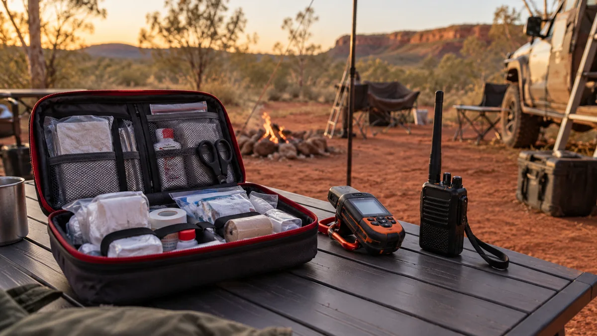 First aid kit laid out at a campsite
