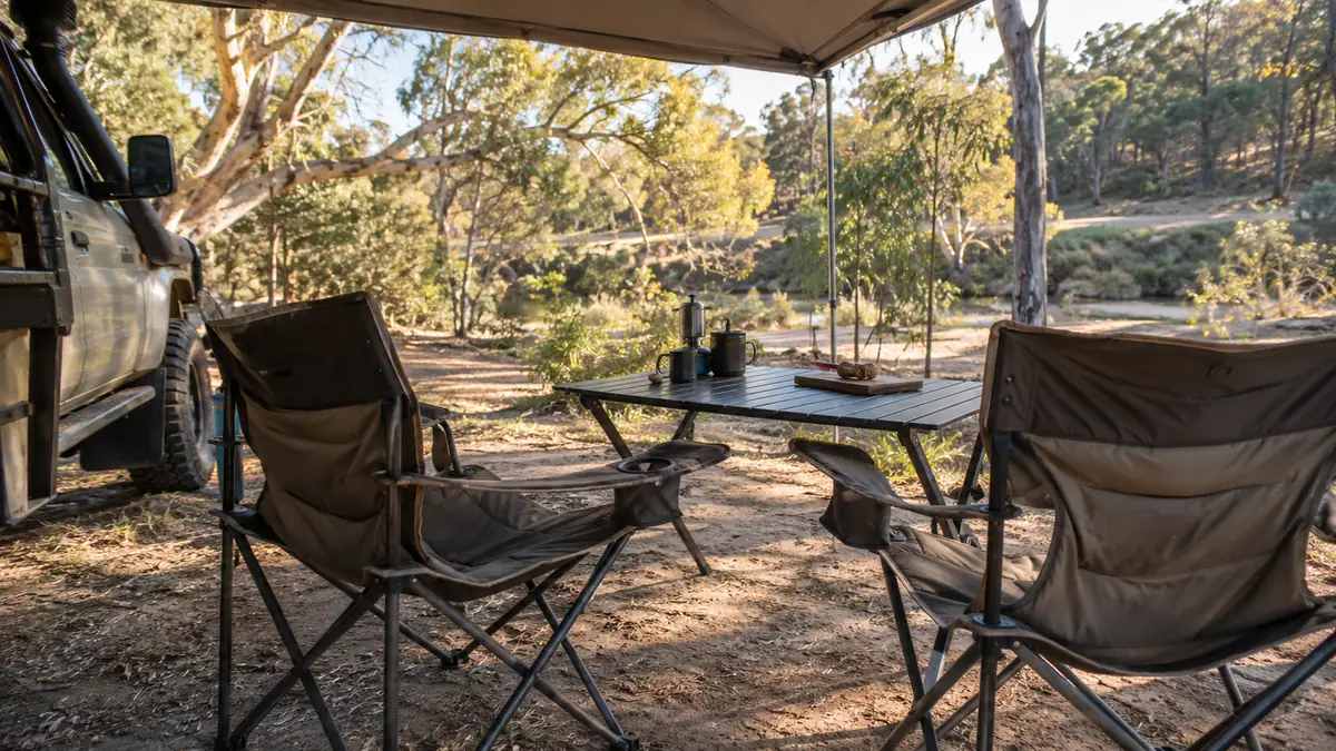 Two folding camp chairs and a slatted camp table with mugs under a 4WD awning at a bush campsite