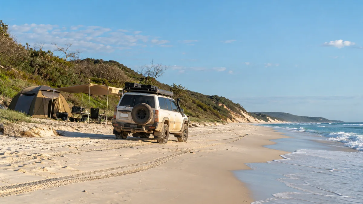 Dusty white 4WD parked on firm white sand near the tide line on K'gari with a tent behind the dunes