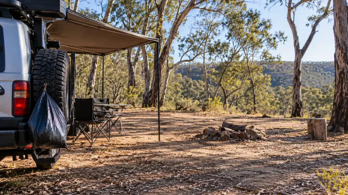 Tidy bush campsite with a tent and no rubbish left behind
