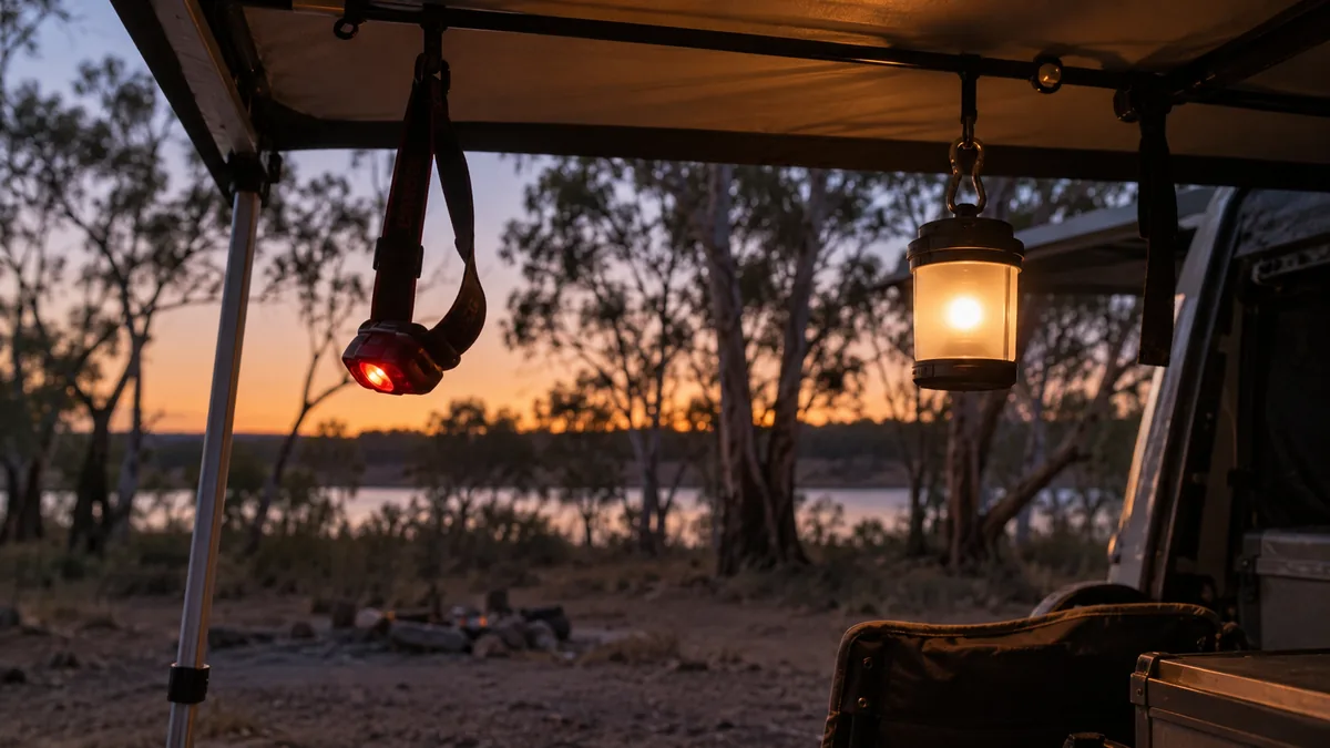 Headtorch glowing red and a warm LED lantern hanging from a 4WD awning at dusk beside a river
