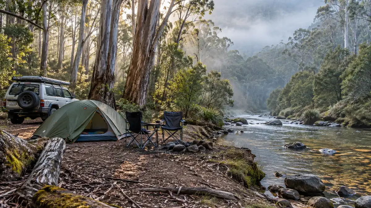 Misty riverside campsite with a small tent and chairs in tall Victorian forest