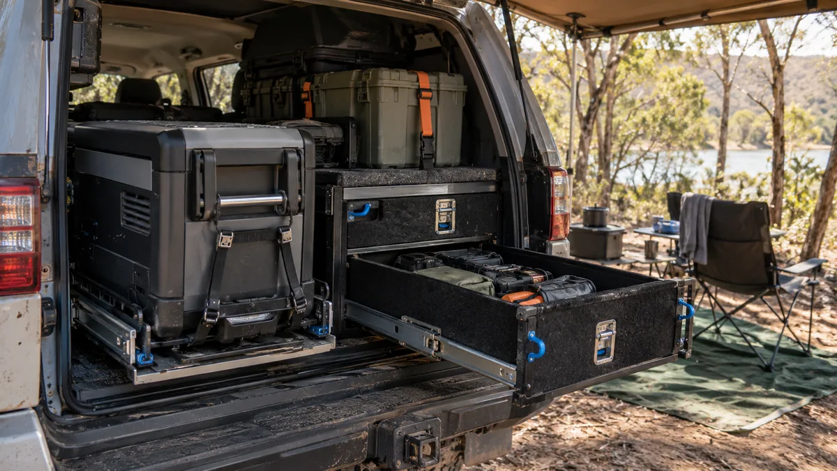Neatly packed 4WD cargo area set up for a camping trip