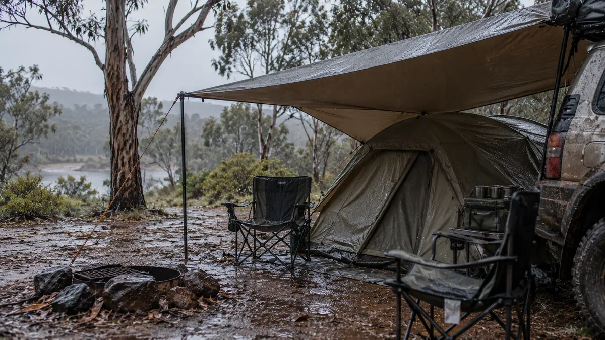 Tent pitched under an angled tarp at a wet bush campsite in the rain