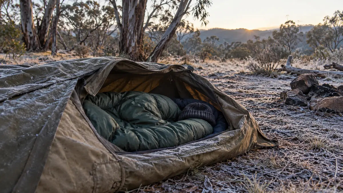 Canvas swag opened to show a down sleeping bag and beanie on frosty ground at sunrise