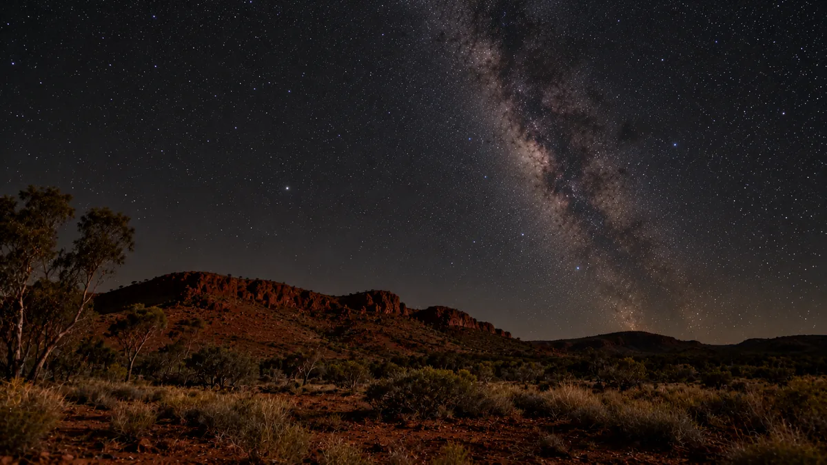 The bright core of the Milky Way rising above a silhouetted gum tree on a dark, moonless outback night