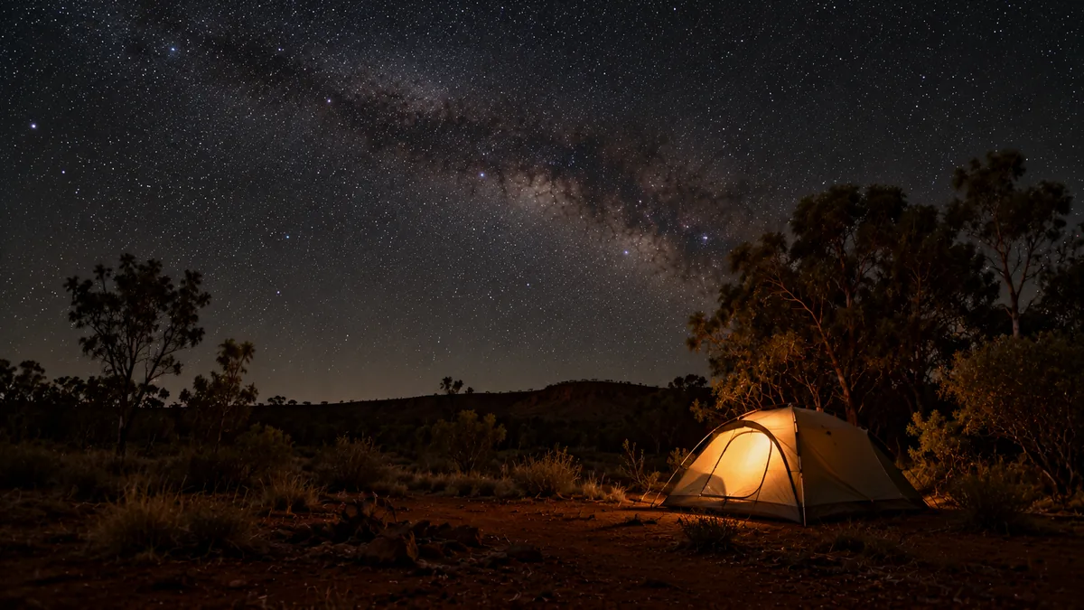 A canvas tent glowing warmly from a lantern inside, pitched on red dirt under a star-filled sky