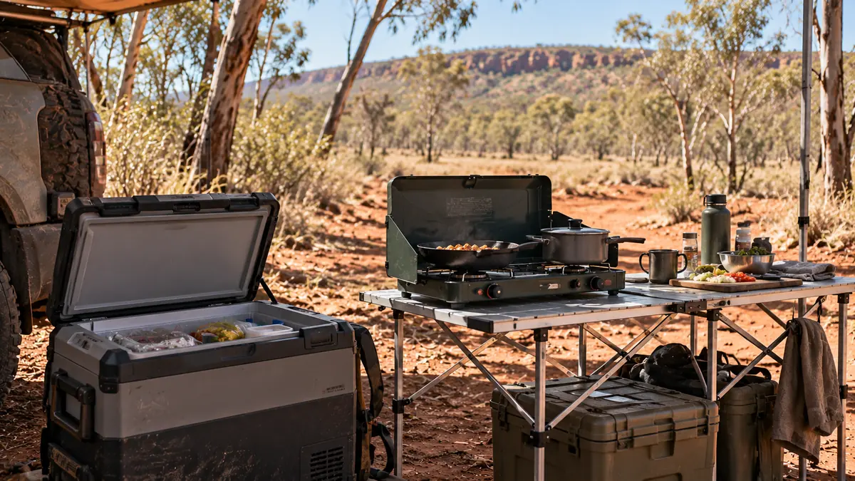 Outback camp kitchen with an open 12V fridge, gas stove and fold-out table